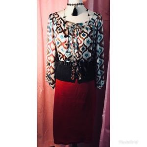 7 PIECE BLOUSE/SKIRT/BELT/JEWELRY CACHE SZ 2X